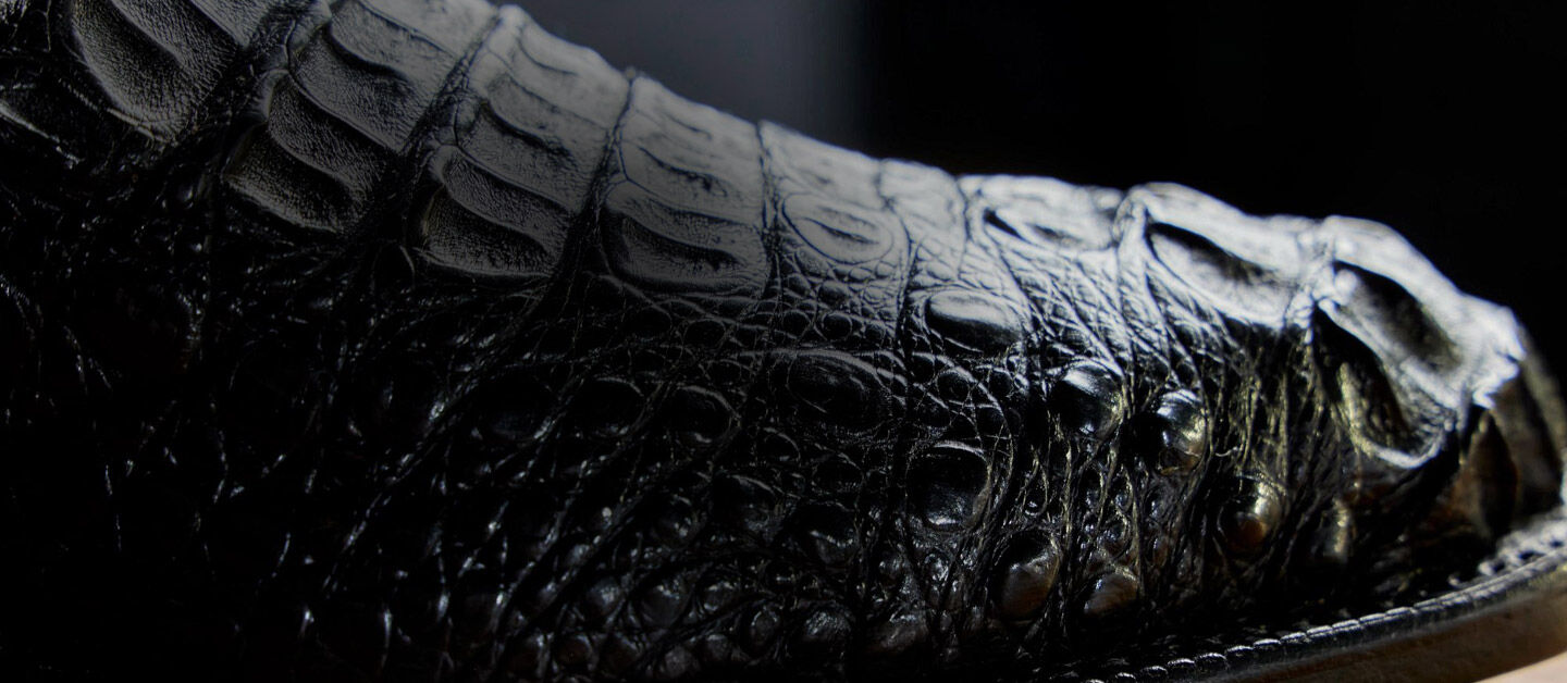 A close-up photo of a Limited Edition Tony Lama boot in black hornback caiman leather.